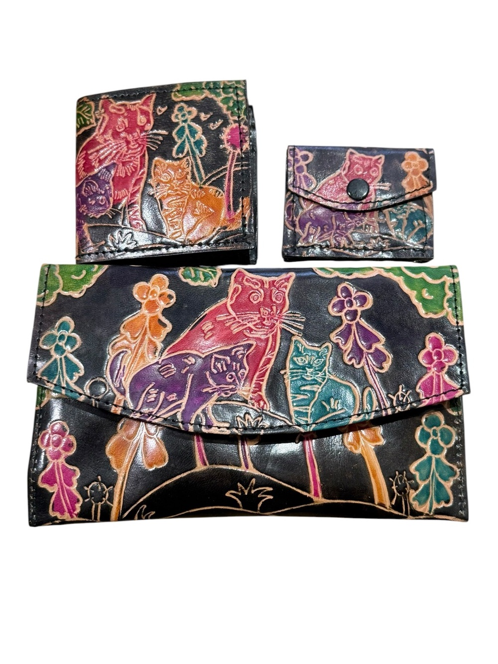 NWT - Sheena Vintage Hand Tooled Leather Cat Clutch Wallet 3 Piece Set
